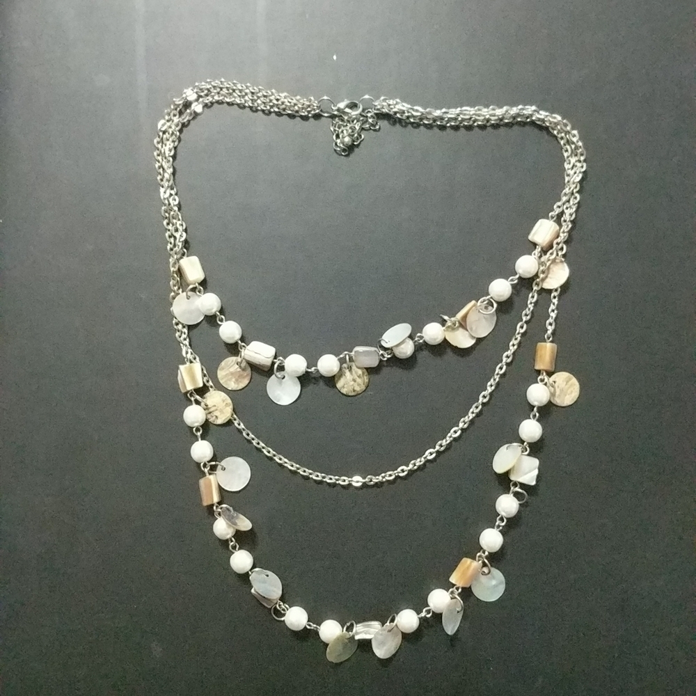 Silver Tone White Faux Pearl Shell Mother of Pearl Layered Statement Necklace
